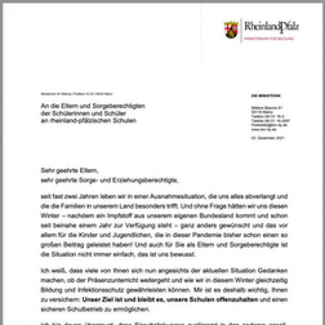 Elternschreiben der Bildungsministerin